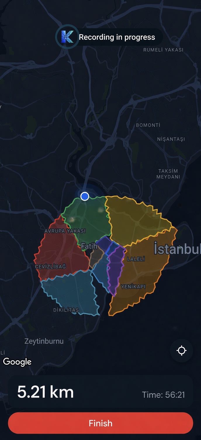 A run in progress: full-screen map with distance and time