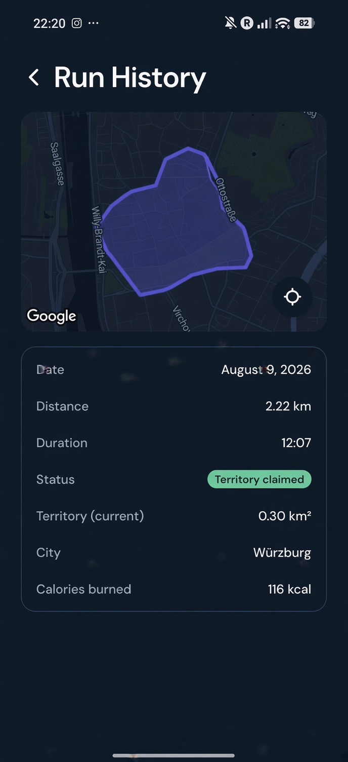Run history: a route, its distance, and the territory it took