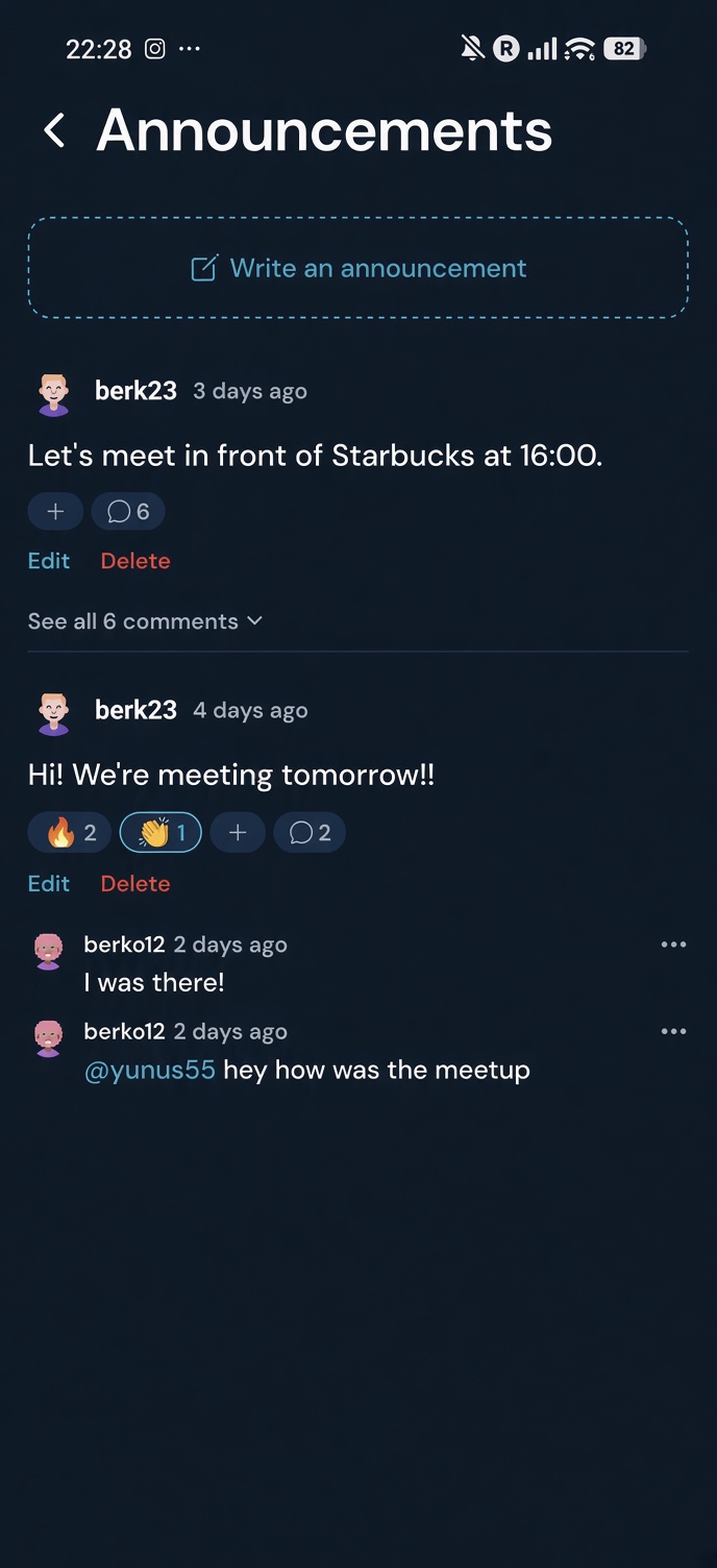 A club announcement board: a post and its comments
