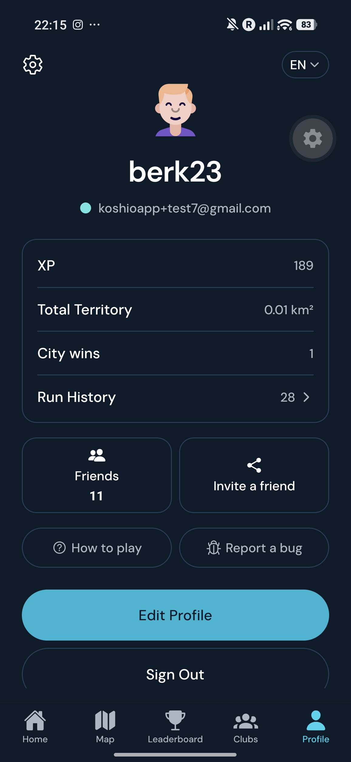 The profile screen: avatar, XP and run statistics