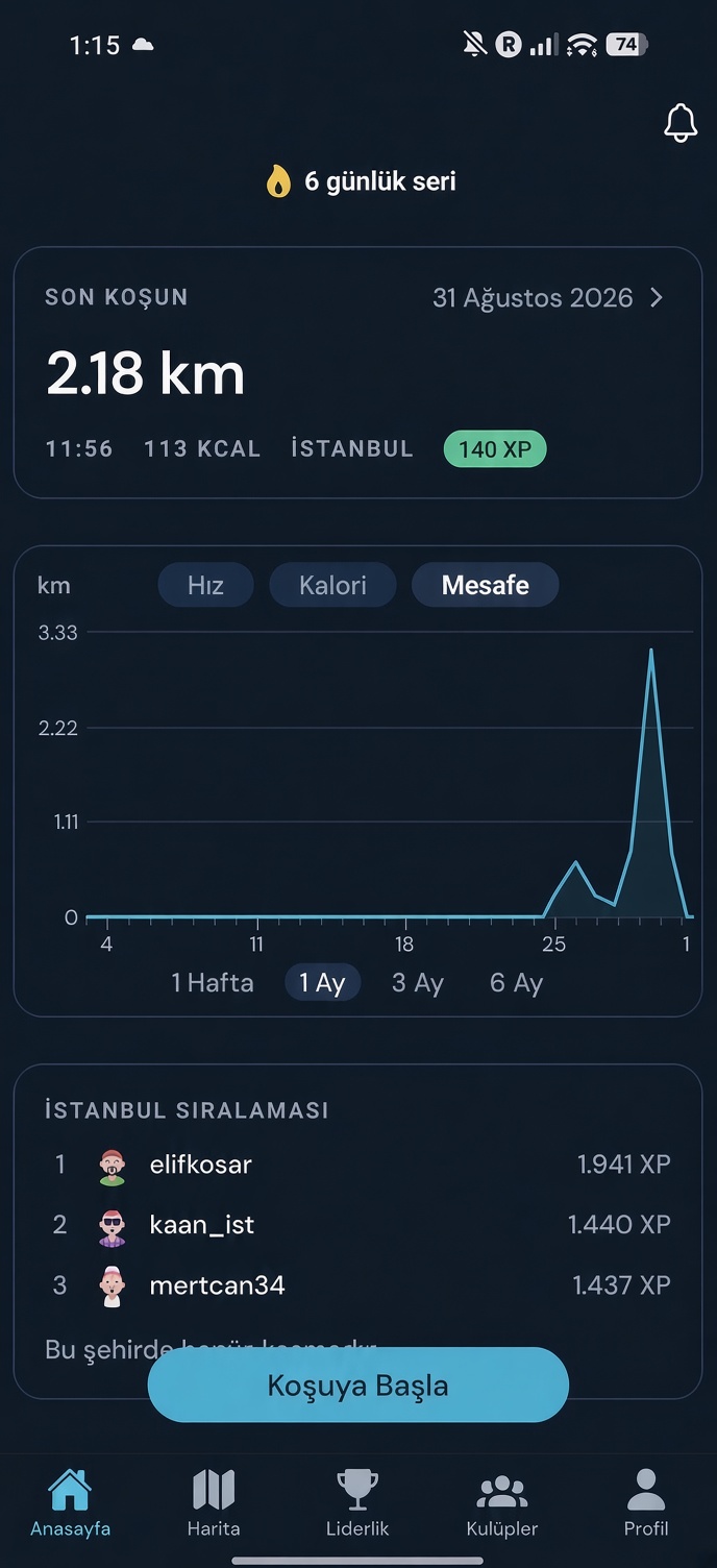Koshio anasayfası ve Koşuya Başla düğmesi