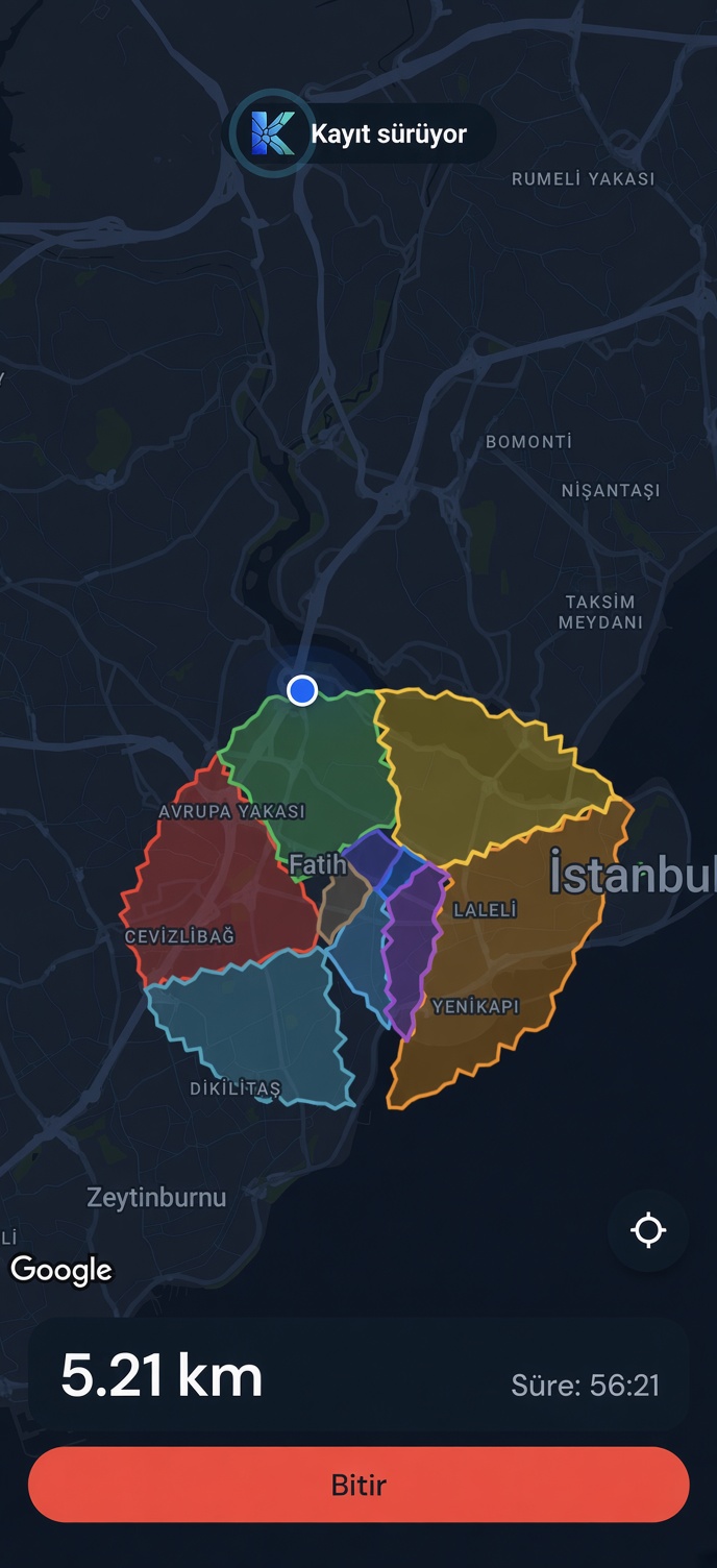 Koşu sürerken tam ekran harita, mesafe ve süre paneli