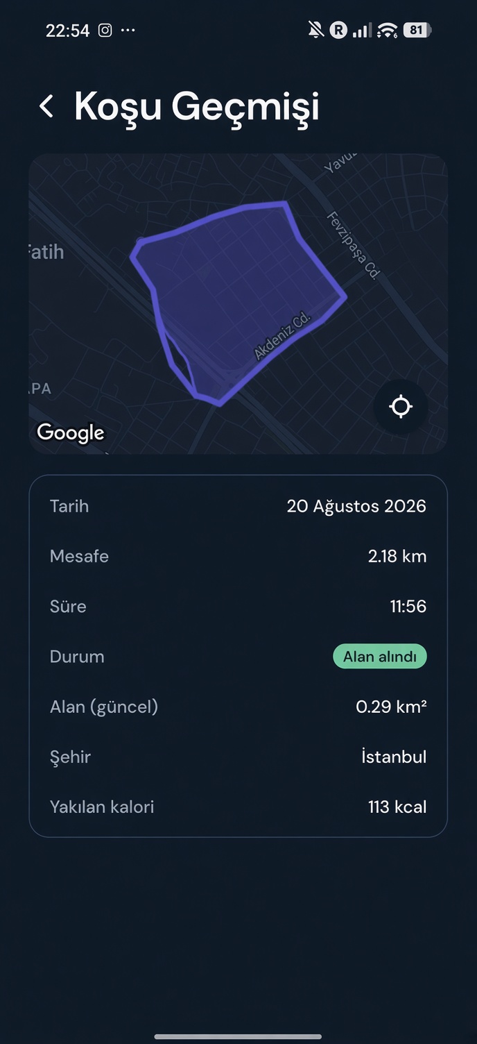 Koşu geçmişi: bir koşunun rotası, mesafesi ve alan alındı bilgisi