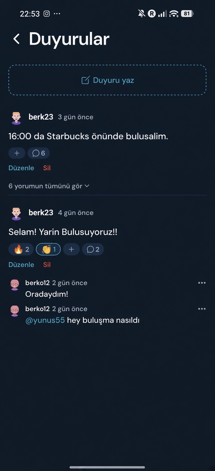 Kulüp duyuru panosu: bir duyuru ve altındaki yorumlar