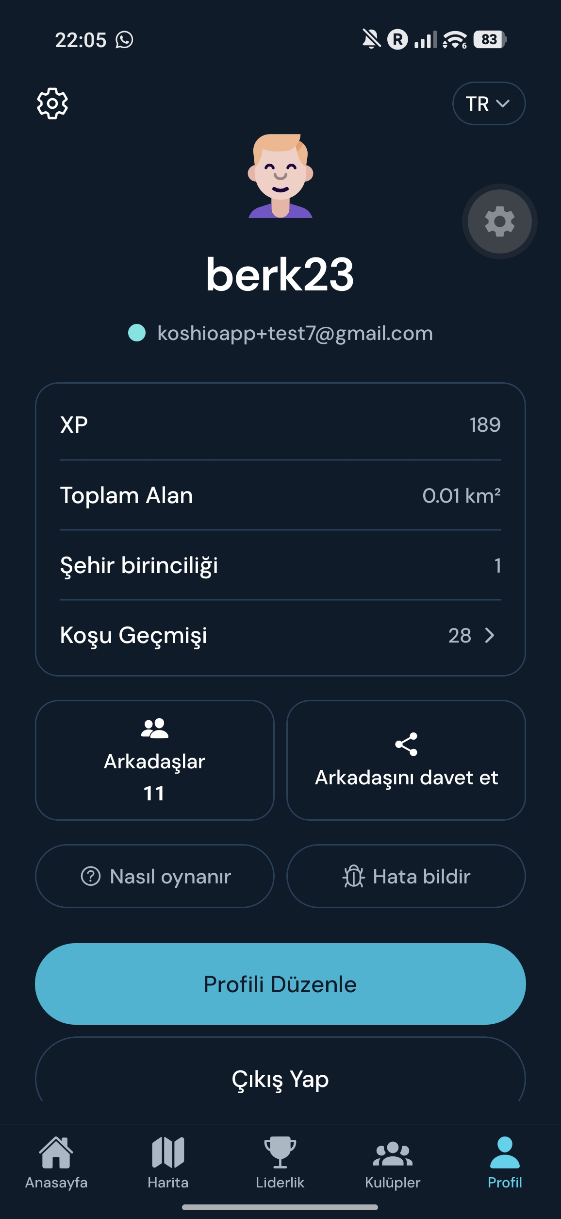 Profil ekranı: avatar, XP ve koşu istatistikleri